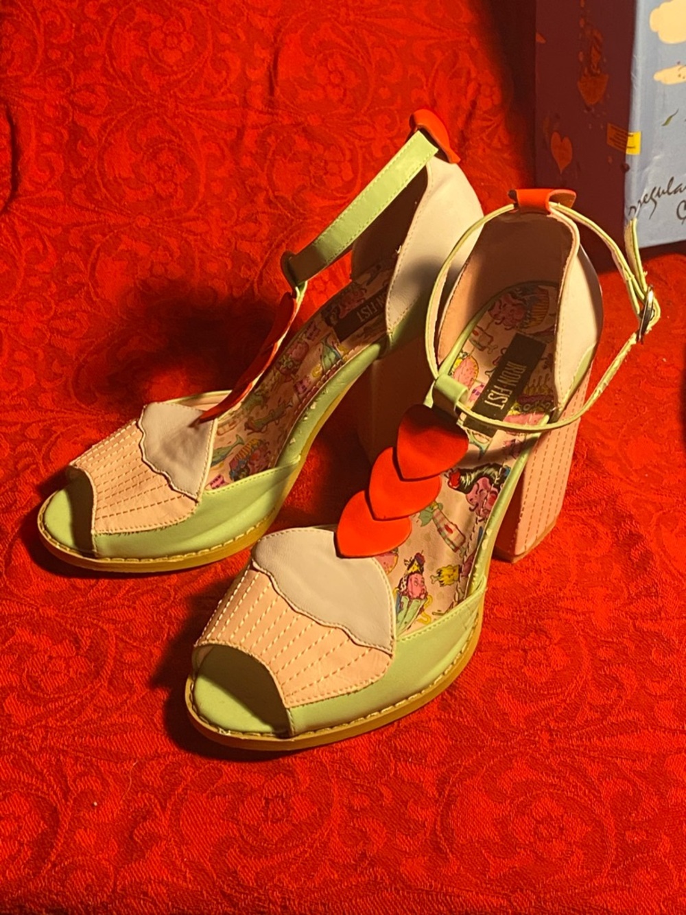 Iron Fist T-strap high heel sandals,pastel shades,cupcake details,red hearts,7 - Picture 5 of 15
